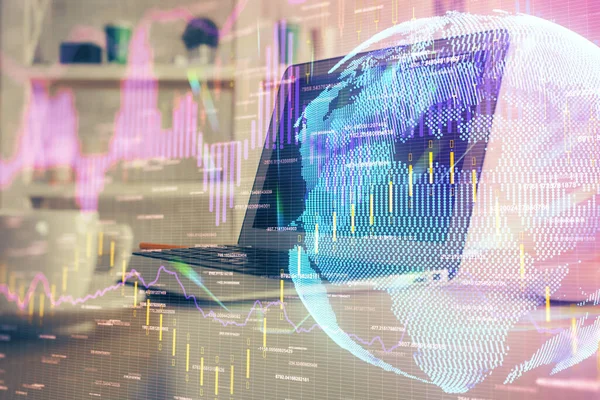 Double exposure of graph and financial info and work space with computer background. Concept of international online trading.