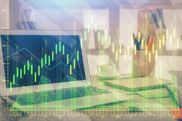 Multi exposure of graph and financial info and work space with computer background. Concept of international online trading.