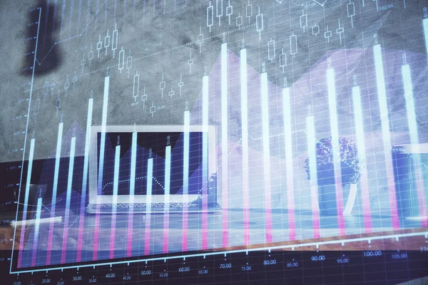 Multi exposure of graph and financial info and work space with computer background. Concept of international online trading.