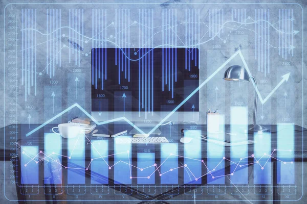 Dubbele Belichting Van Grafiek Financiële Informatie Werkruimte Met Computer Achtergrond — Stockfoto