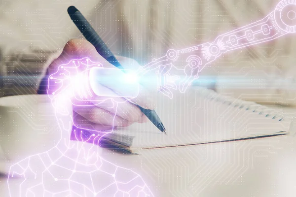 Hologramm Über Den Händen Der Frau Die Notizen Macht Konzept — Stockfoto