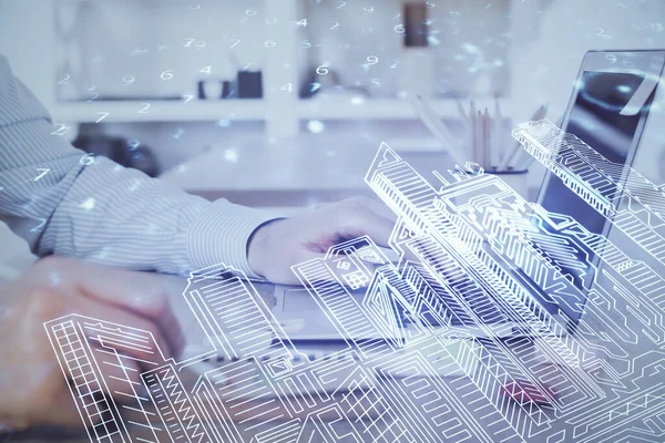 Dibujo Ciudad Alta Tecnología Con Hombre Negocios Trabajando Computadora Segundo —  Fotos de Stock