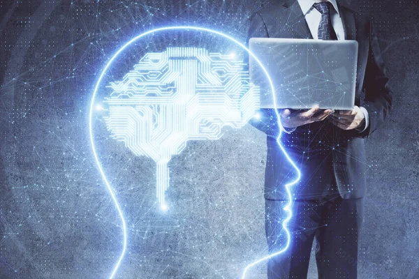 Beyin Temalı Hologramı Olan Bilgisayar Geçmişi Olan Bir Adamı Beyin — Stok fotoğraf