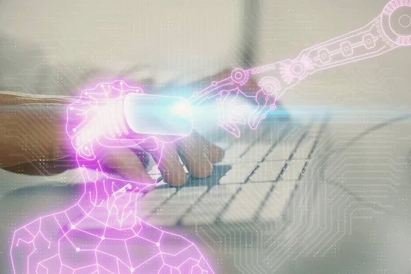 Голограмма Человеком Работающим Компьютером Заднем Плане Концепция Дополненной Реальности Двойное — стоковое фото
