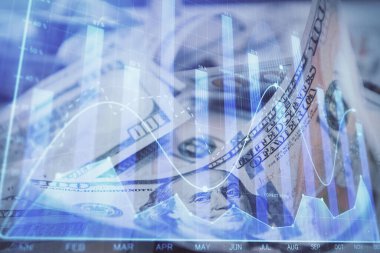Önx grafiğinin arka plandaki dolarları iki katına çıkarması. Finans piyasası kavramı.