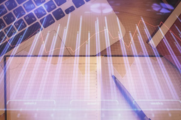 Stock Market Chart Top View Computer Table Background Double Exposure — Stock Photo, Image