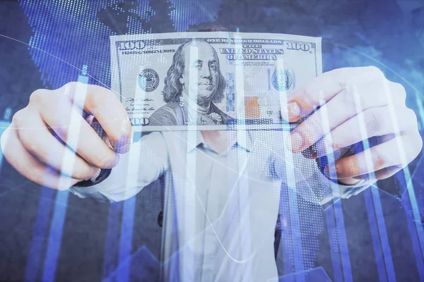 Multi Exponering Finansiella Diagram Rita Hologram Och Usa Dollar Räkningar — Stockfoto