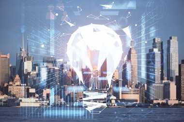 Ampul hologram çizimine ve şehir manzarasına çoklu maruz kalma. Fikir kavramı.