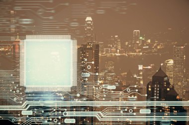 Veri temalı hologram gökdelenlerin arka planında çift pozlama ile şehir görünümüne çizim yapıyor. Ai kavramı.