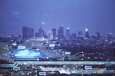 Veri temalı hologram gökdelenlerin arka planında çift pozlama ile şehir görünümüne çizim yapıyor. Ai kavramı.