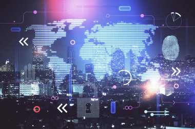 Şehir görünümünde harita ve veri temalı hologram ile gökdelenler arka planda çift pozlama. İş kavramında uluslararası teknoloji.