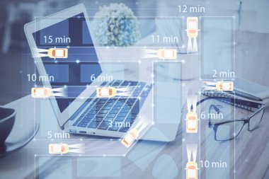 Otomobil hologramı çizimi olan masaüstü bilgisayar arkaplanı. Çoklu maruz kalma. Teknoloji kavramı.