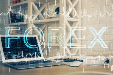 Forx grafiği ve bilgisayarla çalışma alanını iki katına çıkar. Uluslararası çevrimiçi ticaret kavramı.