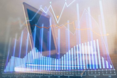 Eski pazar grafiği hologramı ve kişisel bilgisayar geçmişi. Çifte maruziyet. Yatırım kavramı.