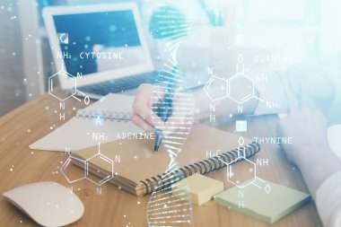 DNA temalı hologram, arka plan yazan kadınların ellerinde. Eğitim kavramı. Çift pozlama