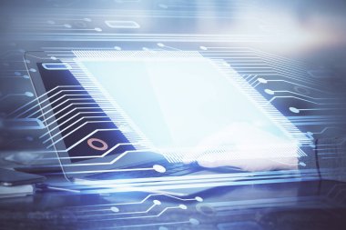 Teknoloji temalı dizüstü bilgisayarda çalışan bir adam. Büyük veri kavramı. Çift pozlama.