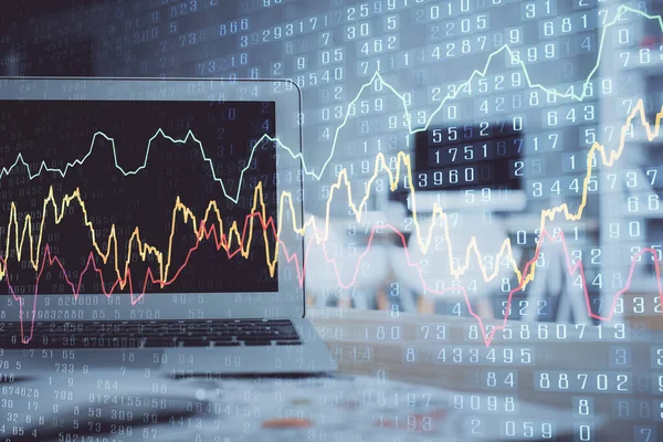 Holograma Gráfico Mercado Forex Fundo Computador Pessoal Dupla Exposição Conceito — Fotografia de Stock