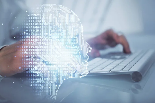 Man Met Computer Achtergrond Met Hersenthema Hologram Concept Van Brainstorm — Stockfoto