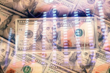 Forx grafiğinin çok sayıda görüntüsü bize dolar banknotları arka planında görünüyor. Finansal başarı piyasası kavramı.