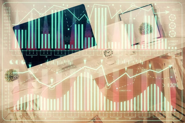Dvojitá Expozice Výkresu Finančního Grafu Pozadí Interiéru Kanceláře Koncepce Akciového — Stock fotografie