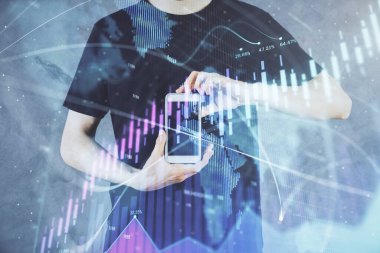 Bir adamın elini tutarken ve dijital bir cihaz ve ön grafik çizimi kullanırken çift pozlama. Finansal piyasa kavramı.