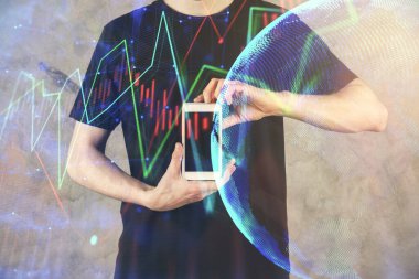 Bir adamın elini tutarken ve dijital bir cihaz ve ön grafik çizimi kullanırken çift pozlama. Finansal piyasa kavramı.