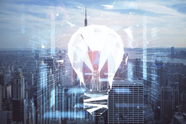 Ampul hologram çizimine ve şehir manzarasına çoklu maruz kalma. Fikir kavramı.