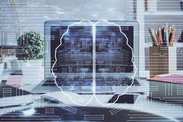 Double exposition de l'espace de travail avec ordinateur et hologramme de dessin du cerveau humain. Concept de brainstorming. — Photo