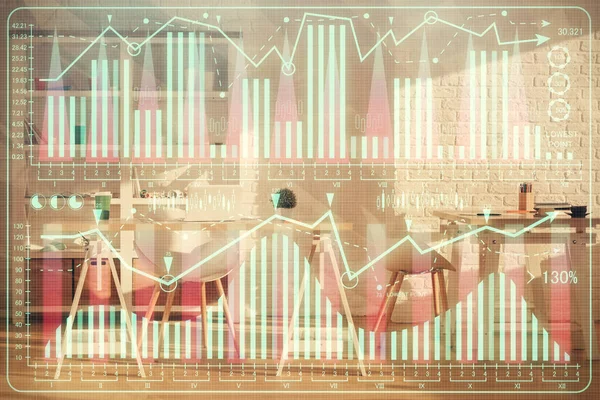Dvojitá expozice výkresu finančního grafu a pozadí interiéru kanceláře. koncepce akciového trhu. — Stock fotografie