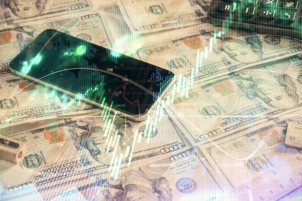 Double exposure of forex graph drawing over us dollars bill background. Concept of financial markets. — Stock Photo, Image