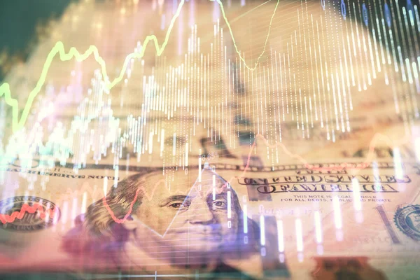 Dubbele belichting van forex grafiek tekening over ons dollar biljet achtergrond. Begrip financiële markten. — Stockfoto