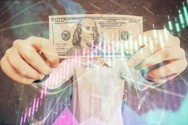 Multi exposure of forex graph drawing hologram and USA dollars bills and man hands. Technical Analysis concept. — Stock Photo, Image