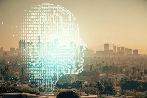 Holograma cerebral desenhado sobre a paisagem urbana exposição multi fundo. Ai no conceito de cidade moderna. — Fotografia de Stock