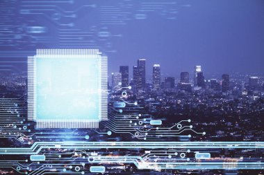 Veri temalı hologram gökdelenlerin arka planında çift pozlama ile şehir görünümüne çizim yapıyor. Ai kavramı.
