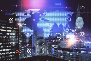 Şehir görünümünde harita ve veri temalı hologram ile gökdelenler arka planda çift pozlama. İş kavramında uluslararası teknoloji.