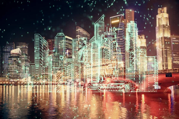 Doble exposición del holograma de edificios sobre el fondo del paisaje urbano. Concepto de ciudad inteligente. — Foto de Stock