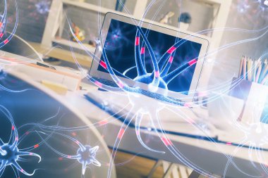 Masaüstü bilgisayar arkaplanı ve nöron çizimi. Çifte maruziyet. Eğitim kavramı.