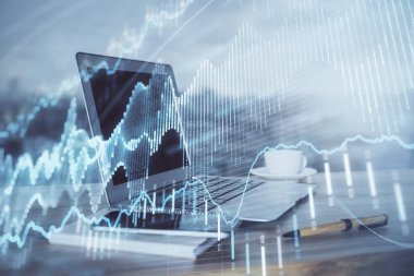 Bilgisayar geçmişi olan eski grafik hologramı. Çifte maruziyet. Finans piyasası kavramı.