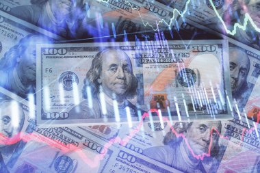 Forx grafiğinin çok sayıda görüntüsü bize dolar banknotları arka planında görünüyor. Finansal başarı piyasası kavramı.