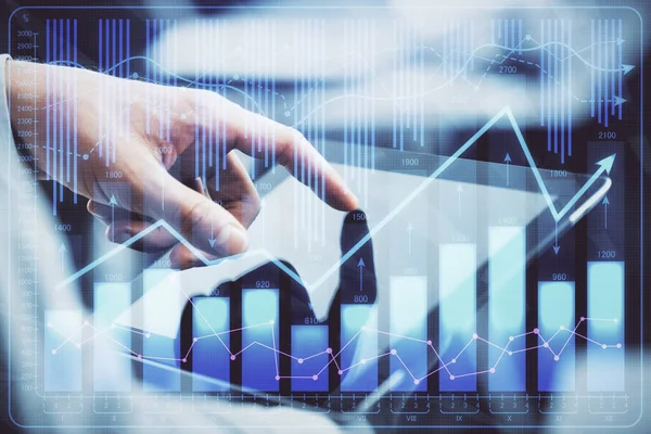 Multi exposure of mans hands holding and using a phone and financial chart drawing. Market analysis concept. — Stock Photo, Image