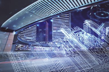 Şehrin arka planında binaların hologramlarına iki kez maruz kalmışlar. Akıllı şehir kavramı.