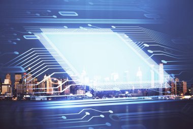 Veri temalı hologram gökdelenlerin arka planında çift pozlama ile şehir görünümüne çizim yapıyor. Ai kavramı.