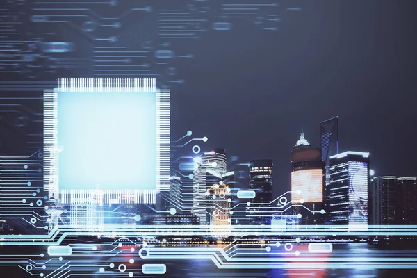 Data tema hologram ritning på stadsbilden med skyskrapor bakgrund dubbel exponering. Ai-konceptet. — Stockfoto