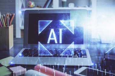 Arka planda kişisel bilgisayarı ve teknik tema çizimi olan iki kat masaüstü görüntüsü. Veri analizi kavramı.