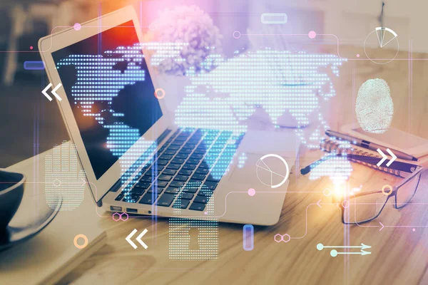 Double exposure of desktop with computer and world map hologram. International data network concept. — Stock Photo, Image