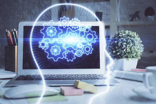 Double exposure of work space with computer and human brain drawing hologram. Brainstorm concept. — Stock Photo, Image
