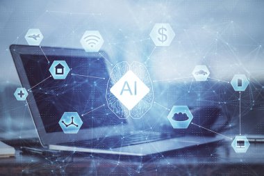 Masaüstü bilgisayarı ve teknoloji temalı holograma çift pozlama. Yazılım geliştirme kavramı.