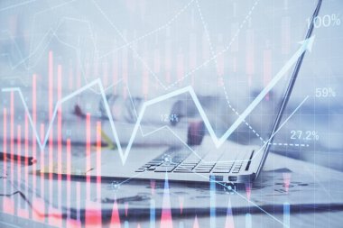 Bilgisayar geçmişi olan eski grafik hologramı. Çoklu maruz kalma. Finans piyasası kavramı.