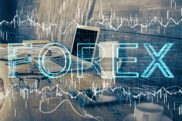 Exposición múltiple de gráfico e información financiera y espacio de trabajo con fondo informático. Concepto de comercio internacional en línea. — Foto de Stock