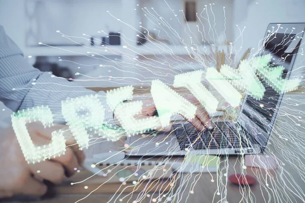 Start-up-Zeichnungen mit Geschäftsleuten, die am Computer im Hintergrund arbeiten. Teamwork-Konzept Doppelbelastung. — Stockfoto